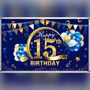 Blue and Gold 15th Birthday Banner
